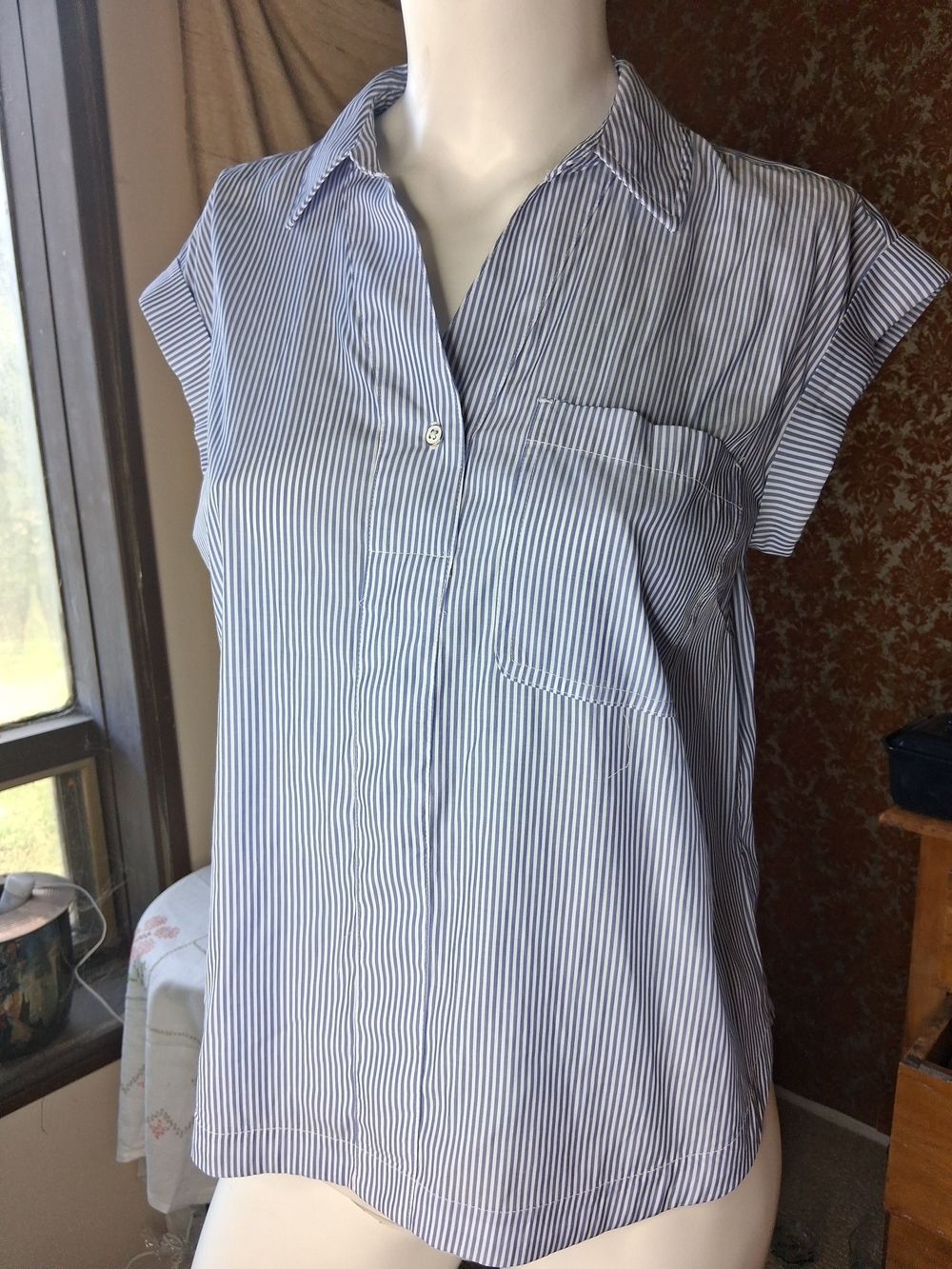 Apt. 9 Button Front Cap Sleeve Striped Blouse Petite Medium